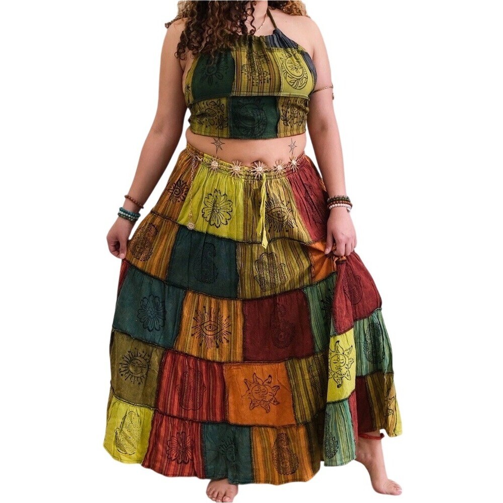 Boho Patchwork Maxi Skirt Womens Size Free Size Green Elastic Waist Pockets